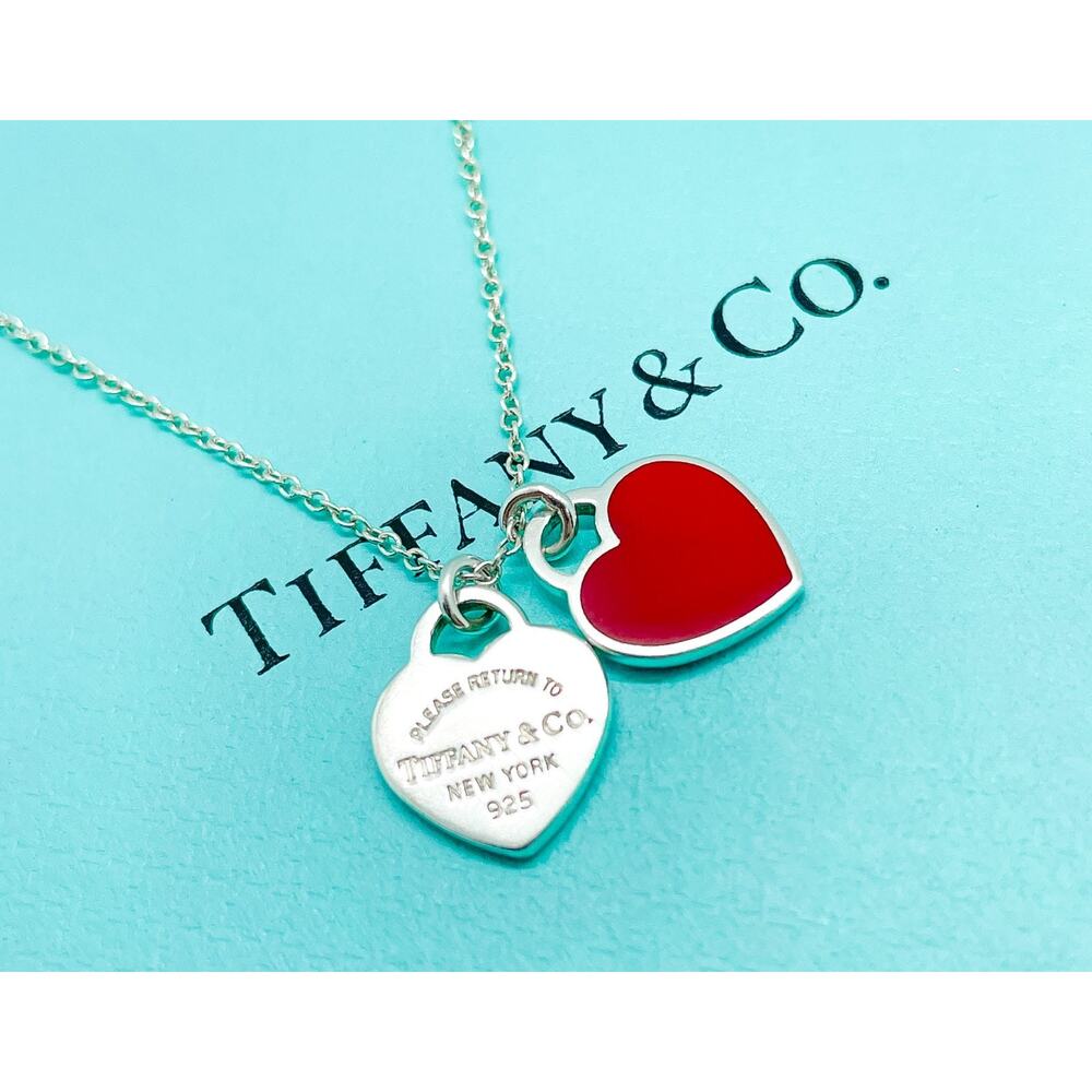 Tiffany & Co. Return Red Mini Double Heart Pendant Necklace 16-18" (ENGRAVED) - Picture 4 of 12
